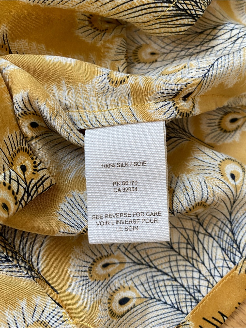 Free People Mustard Yellow Peacock-Print Tie-Neck Silk Blouse - Picture 10 of 13